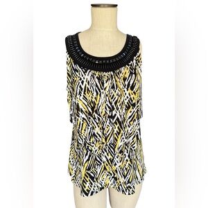 Laura Ashley Tiered Ruffled Front Sleeveless Top Geometric Beaded Neckline Sz PM